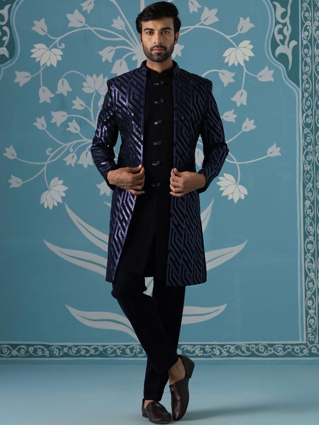 TheEthnic.Co Embroidered Mandarin Collar Sherwani Set-picture-36