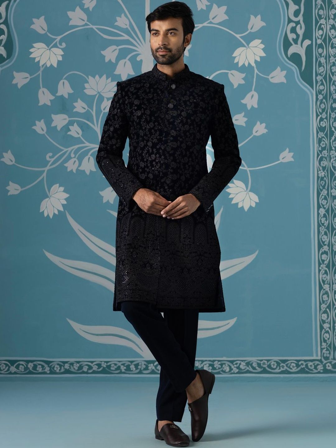 TheEthnic.Co Embroidered Mandarin Collar Sherwani Set-picture-28