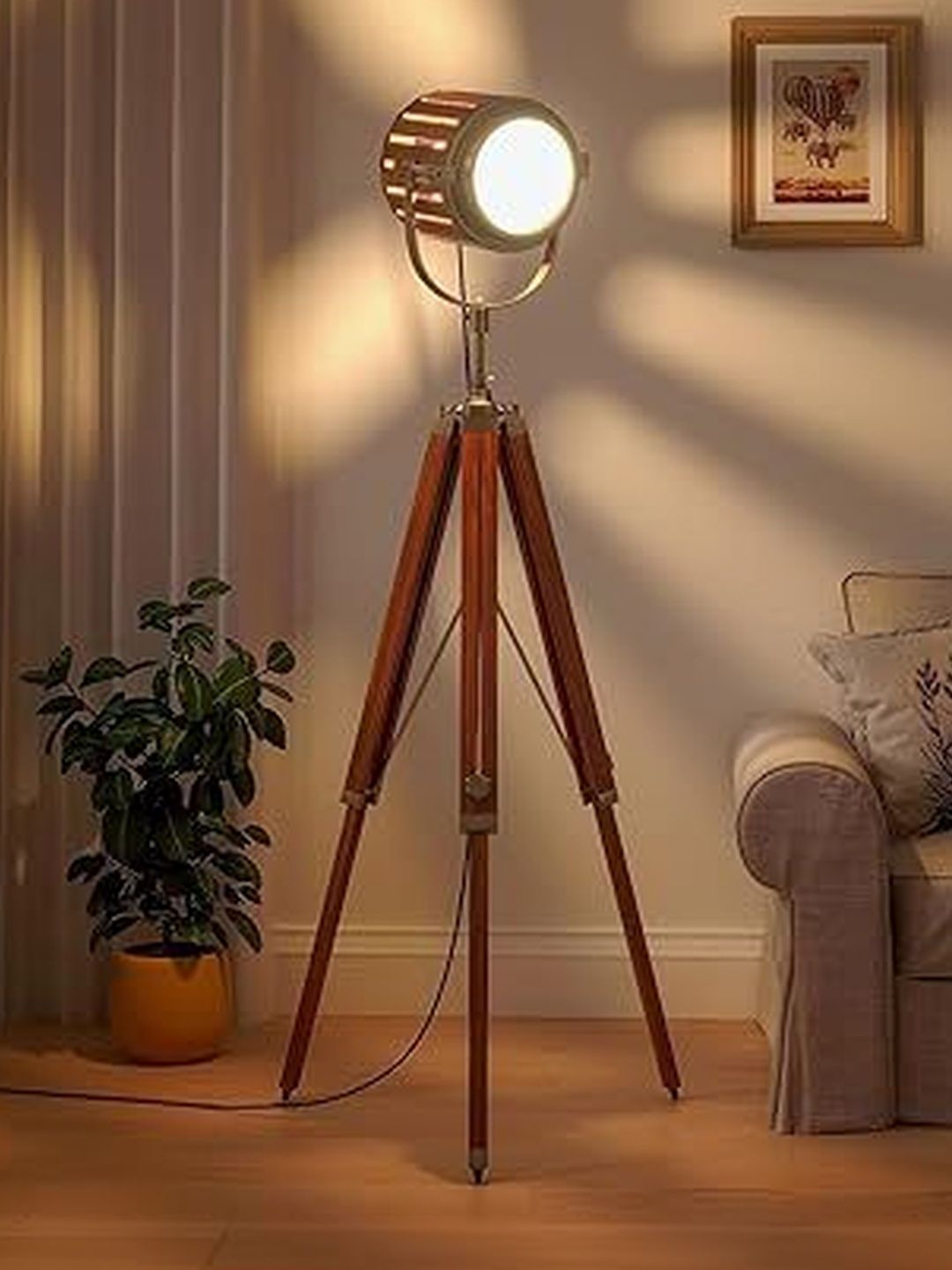 NautiKraft Brown Wooden & Aluminium Tripod Base Floor Lamp-picture-4