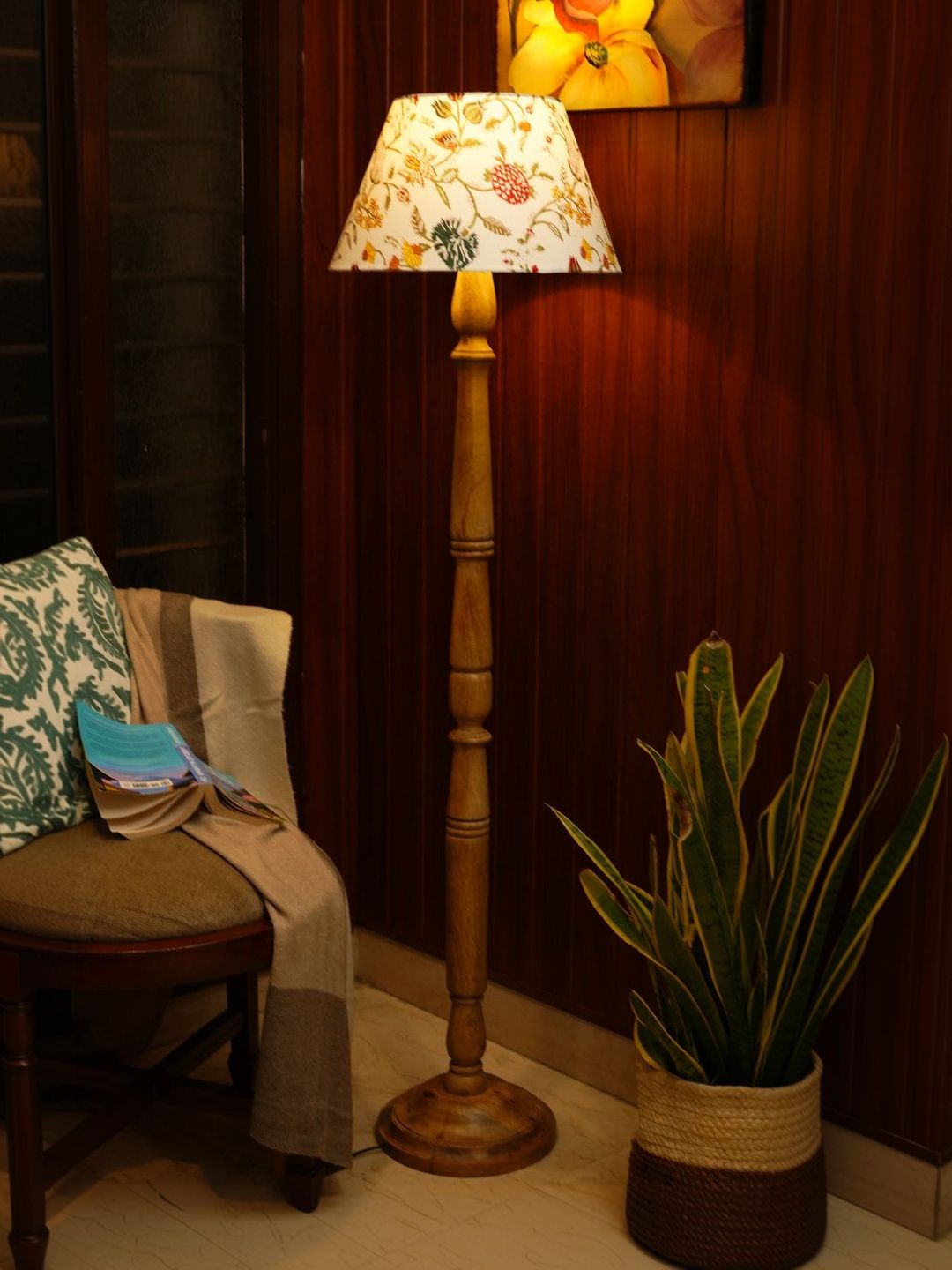 green girgit White & Brown Printed Wooden Frustum Floor Lamps-picture-2