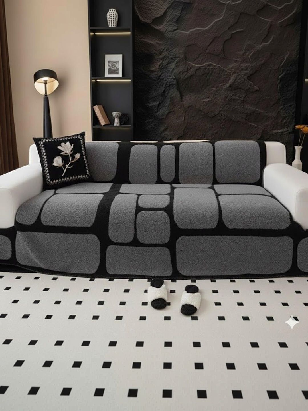HOMETHREADS Off White & Grey Printed Sofa Cover-image-49
