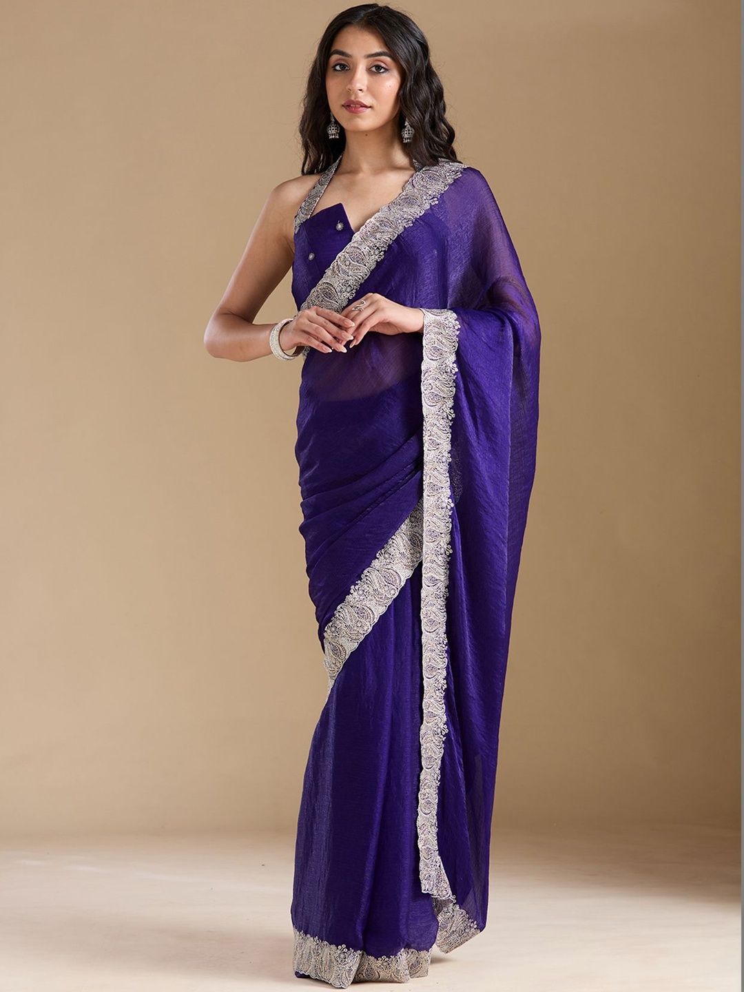 Koskii Women Zariwork Violet Chiffon Saree With Unstitched Blouse-picture-36