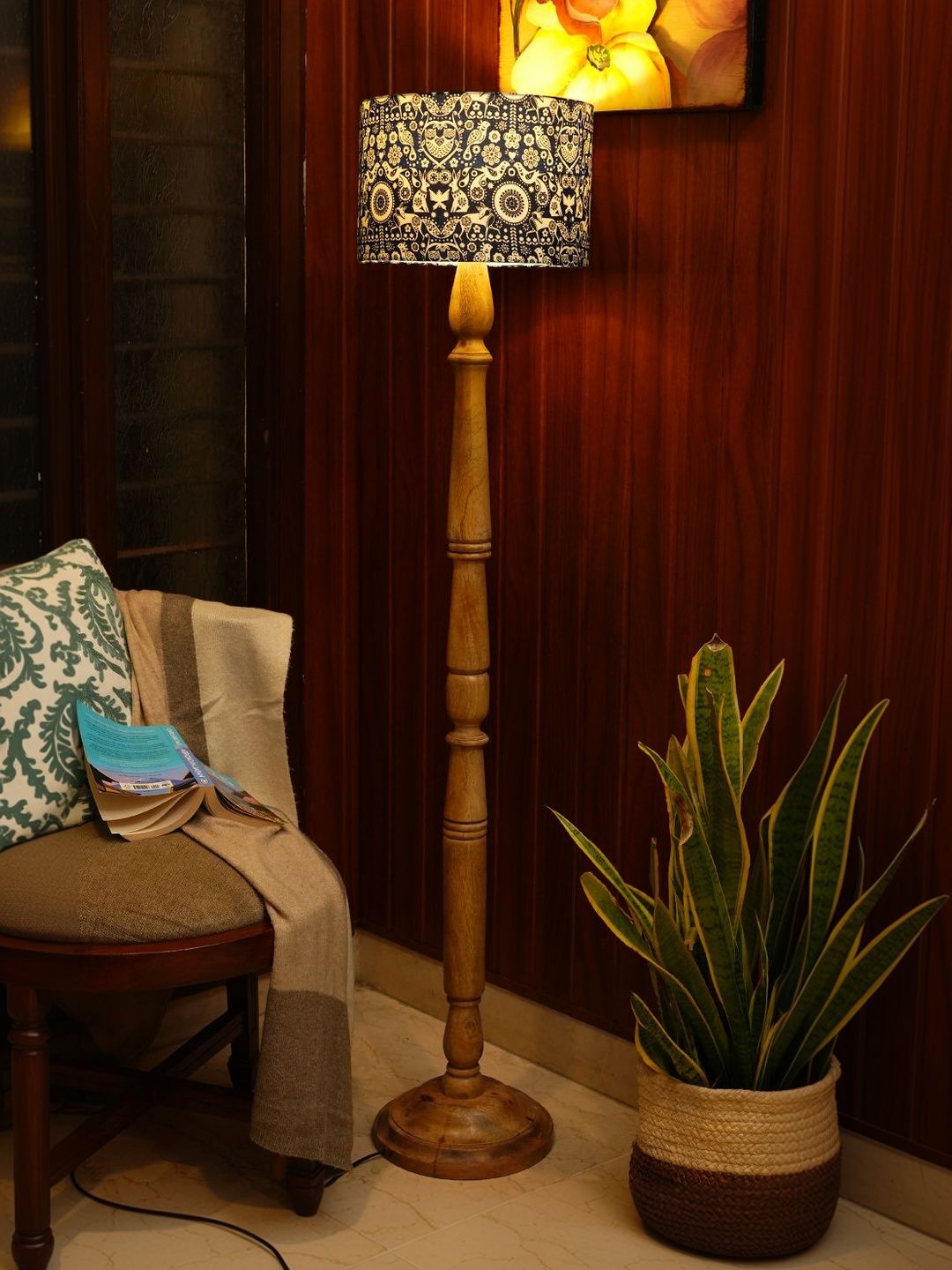 green girgit Blue & Brown Printed Wooden Cylinder Floor Lamps-picture-39