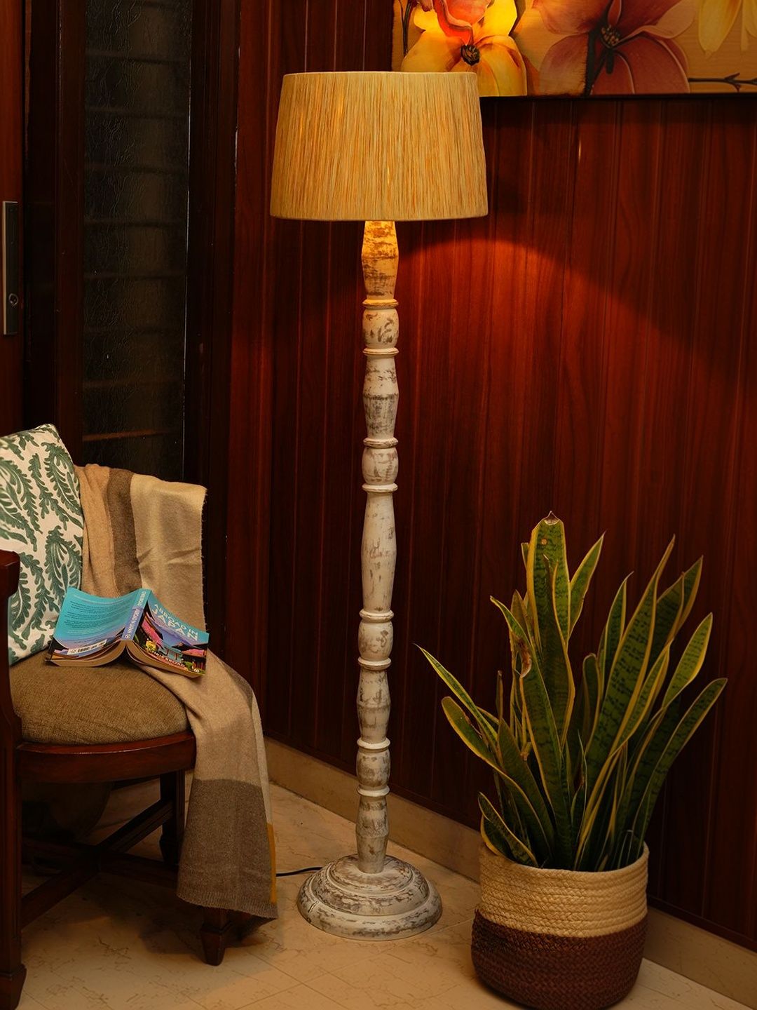 green girgit Brown & White Wooden Frustum Floor Lamps-picture-20