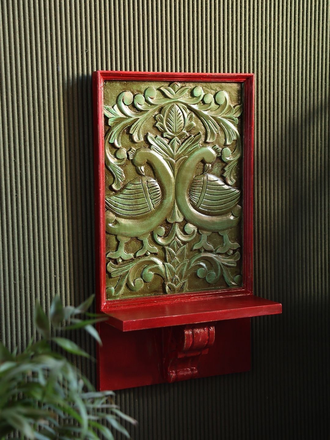 Revive Home Green & Red Textured Wooden Wall Shelves-image-5