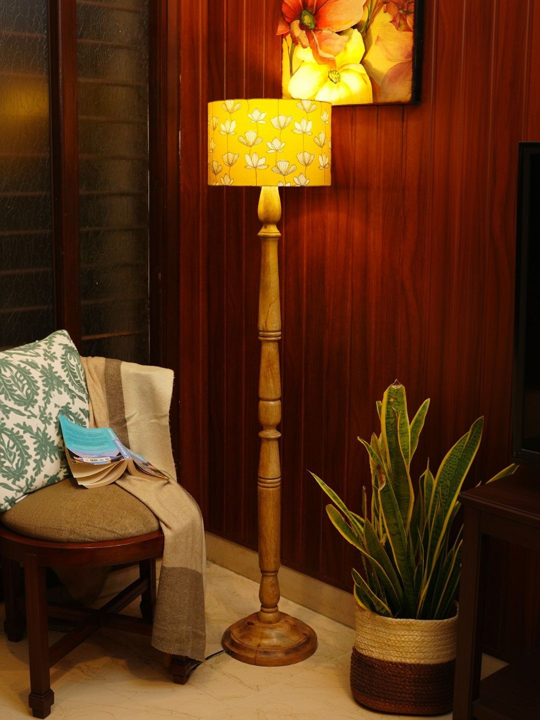 green girgit Mustard-Yellow & Brown Printed Wooden Cylinder Floor Lamps-picture-7
