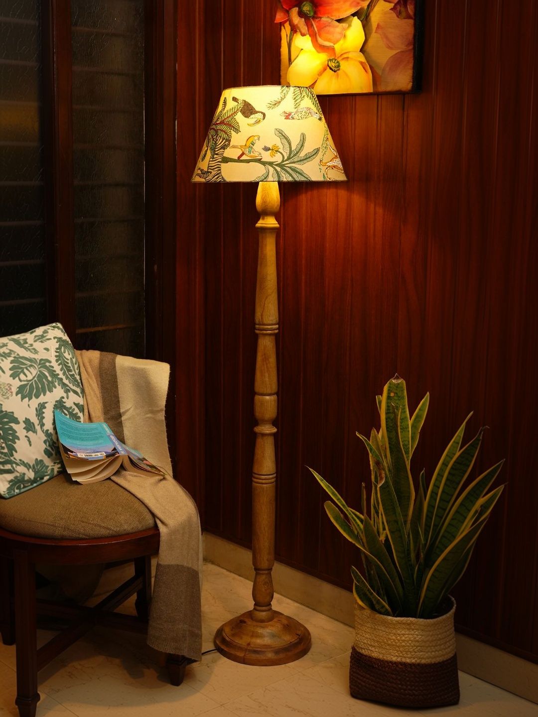 green girgit Green & Brown Printed Wooden Frustum Floor Lamps-image-12