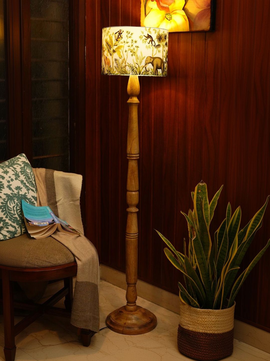green girgit Green & Brown Printed Wooden Cylinder Floor Lamps-image-11
