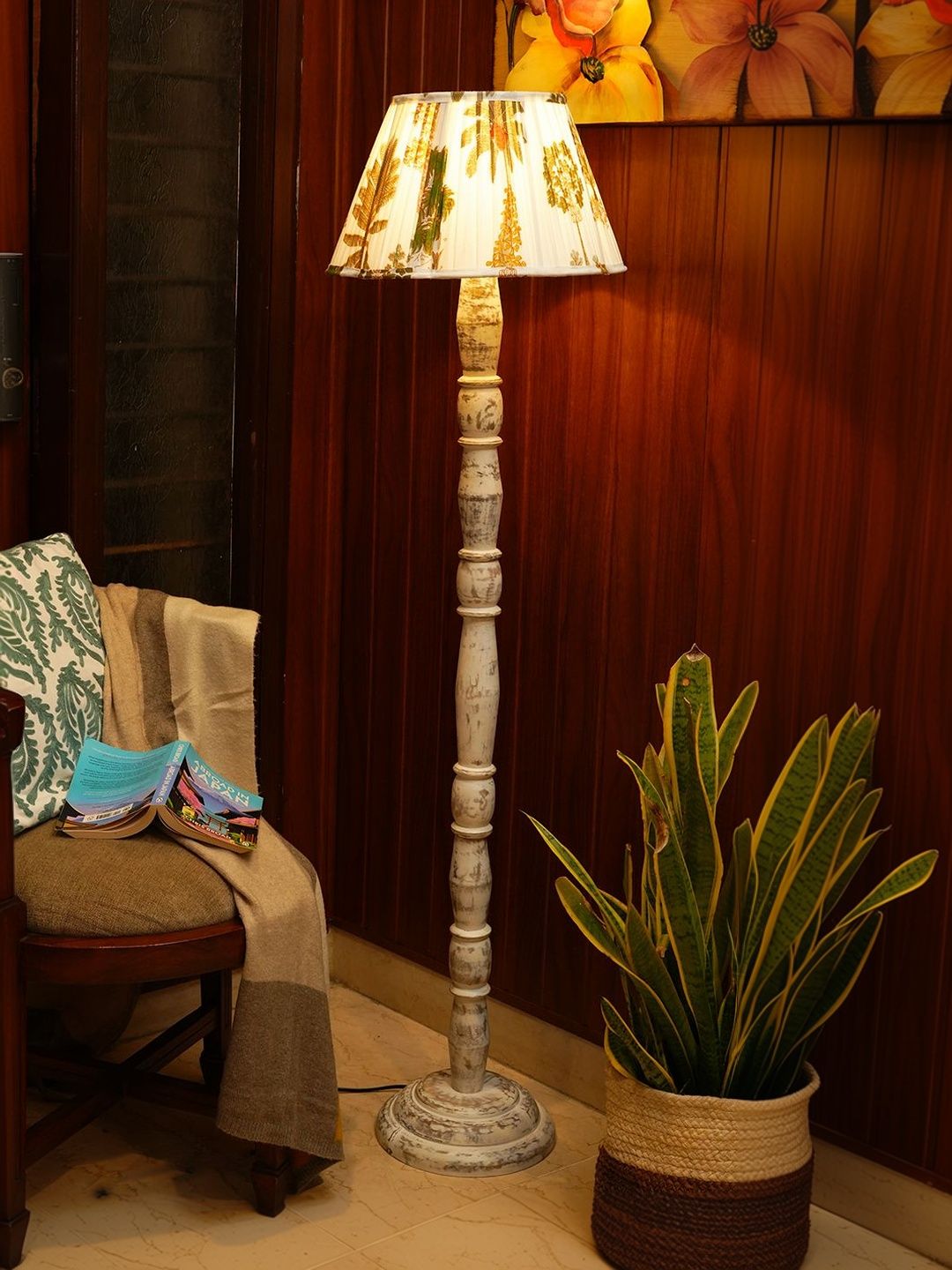 green girgit White & Brown Printed Wooden Bell Floor Lamps-picture-9