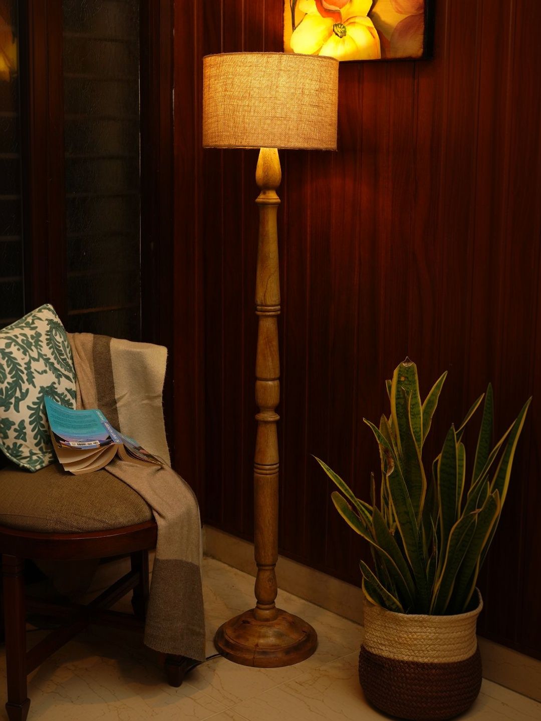 green girgit Brown Wooden Cylinder Floor Lamps-image-10