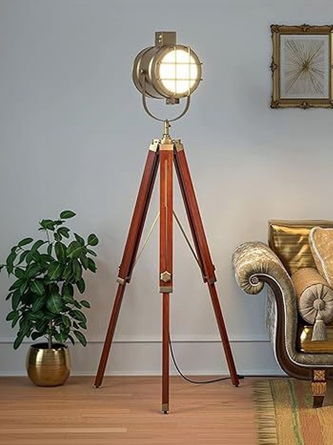 NautiKraft Brown Wooden & Aluminium Tripod Base Floor Lamp-image-6