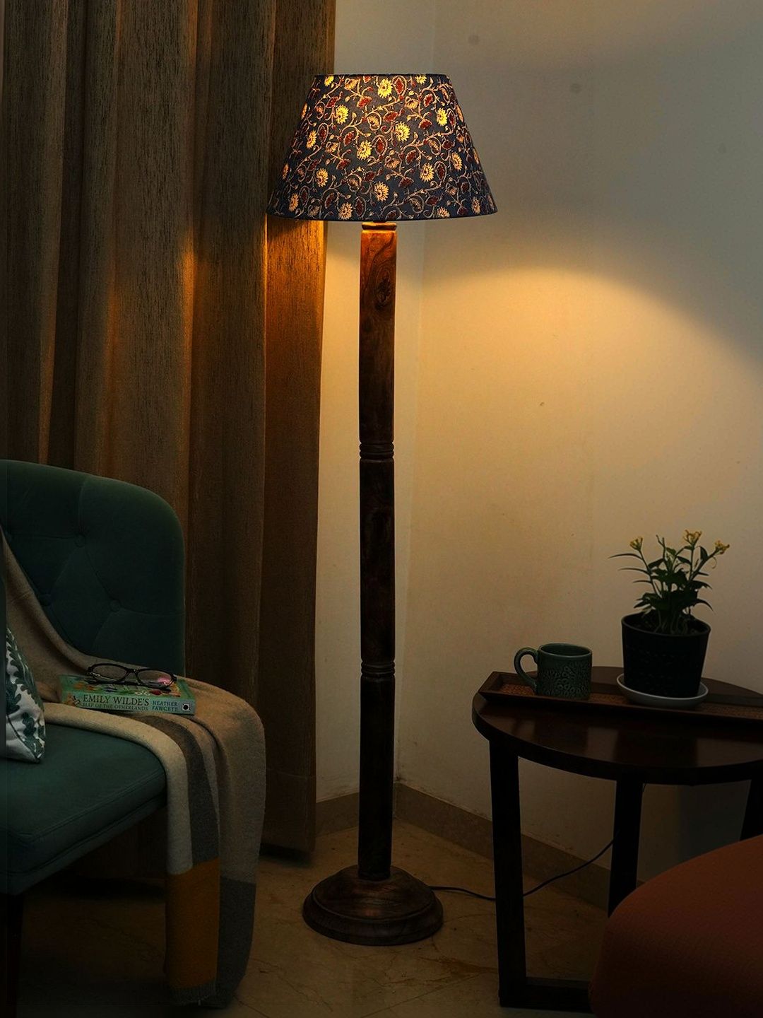 green girgit Brown & Blue Printed Wooden Frustum Floor Lamps-picture-17
