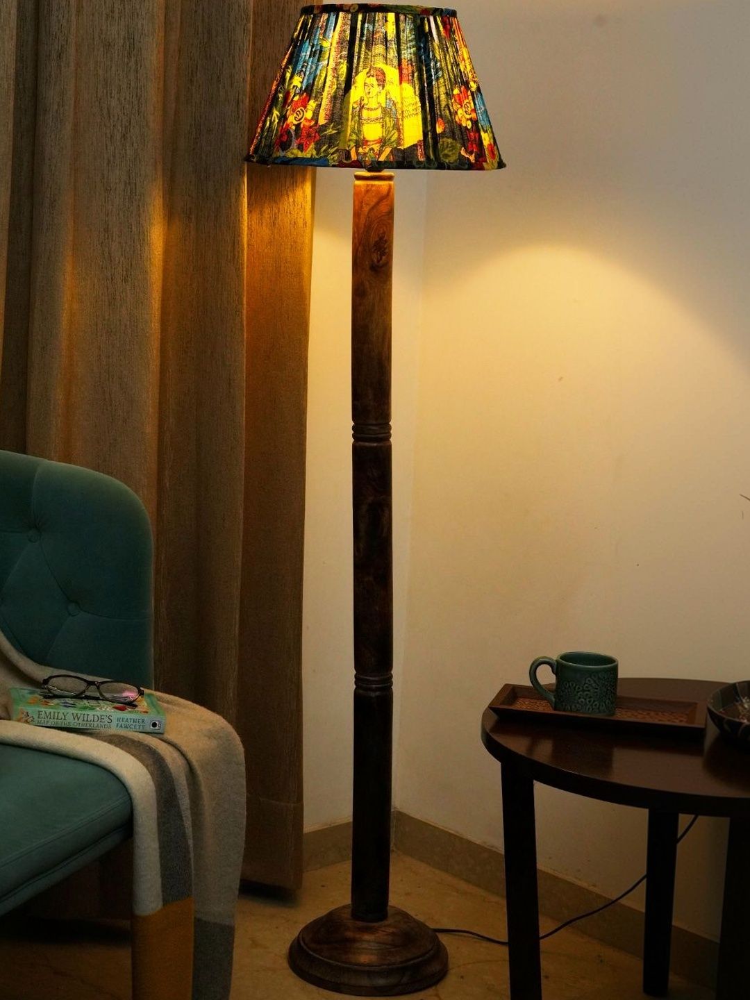 green girgit Brown & Black Printed Wooden Frustum Floor Lamps-image-41