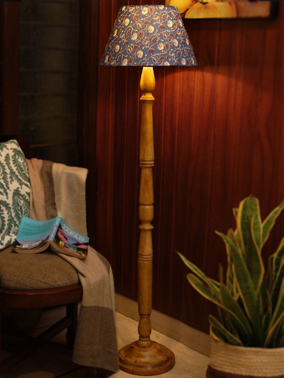 green girgit Blue & Brown Printed Wooden Frustum Floor Lamps-image-35