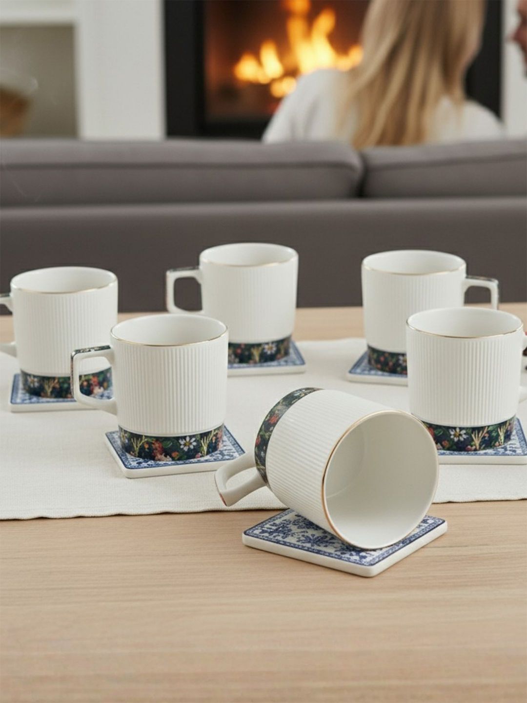 CLAY CRAFT Blue & White Floral Textured Ceramic Glossy Cups Set of Cups and Mugs-image-30