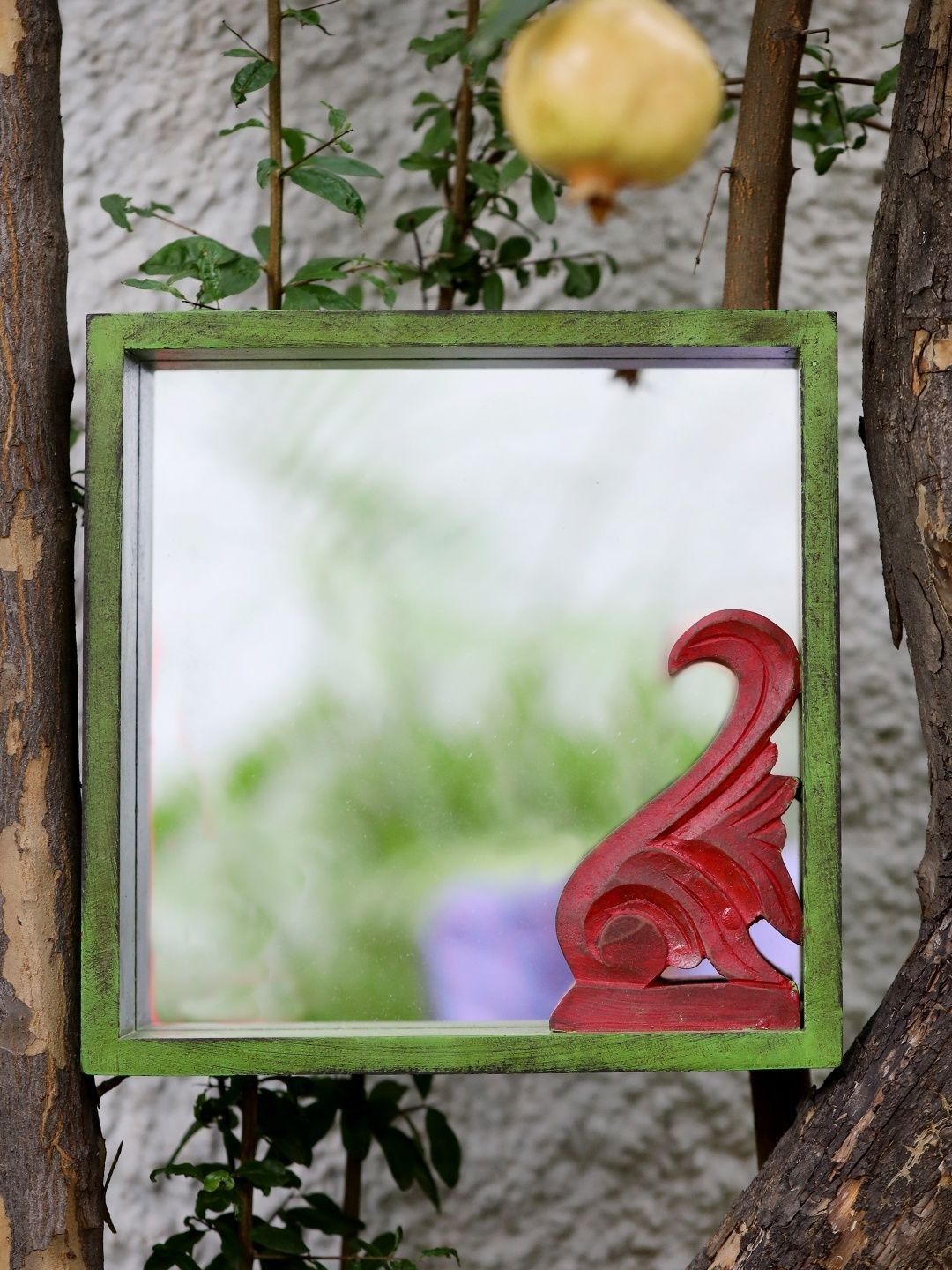 Revive Home Green & Red Textured Square Wooden Wall Mirror-picture-28