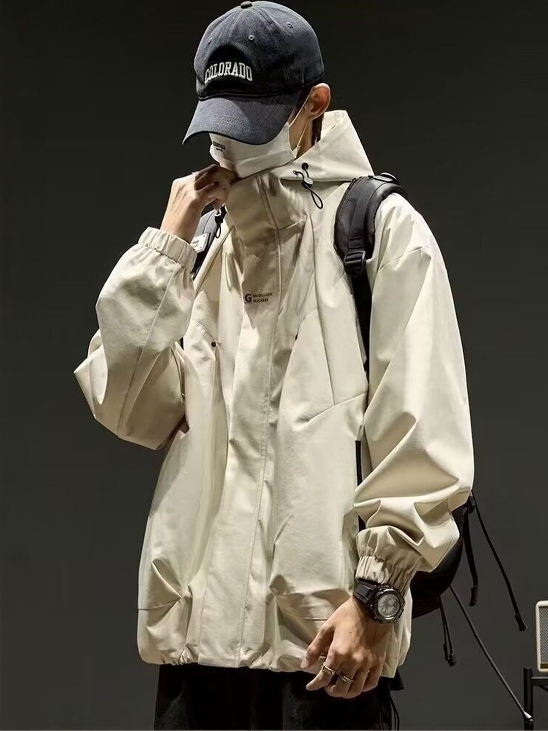 Khaki Solid Hooded Windcheater Jacket-image-40
