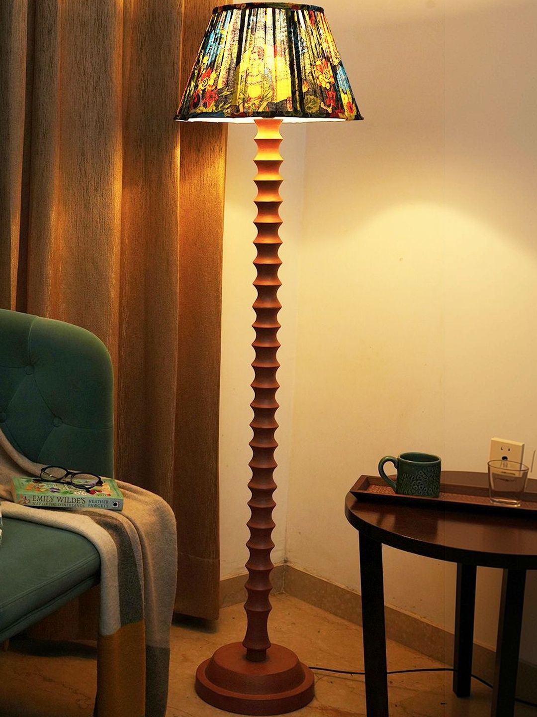 green girgit Brown & Black Printed Wooden Frustum Floor Lamps-image-42