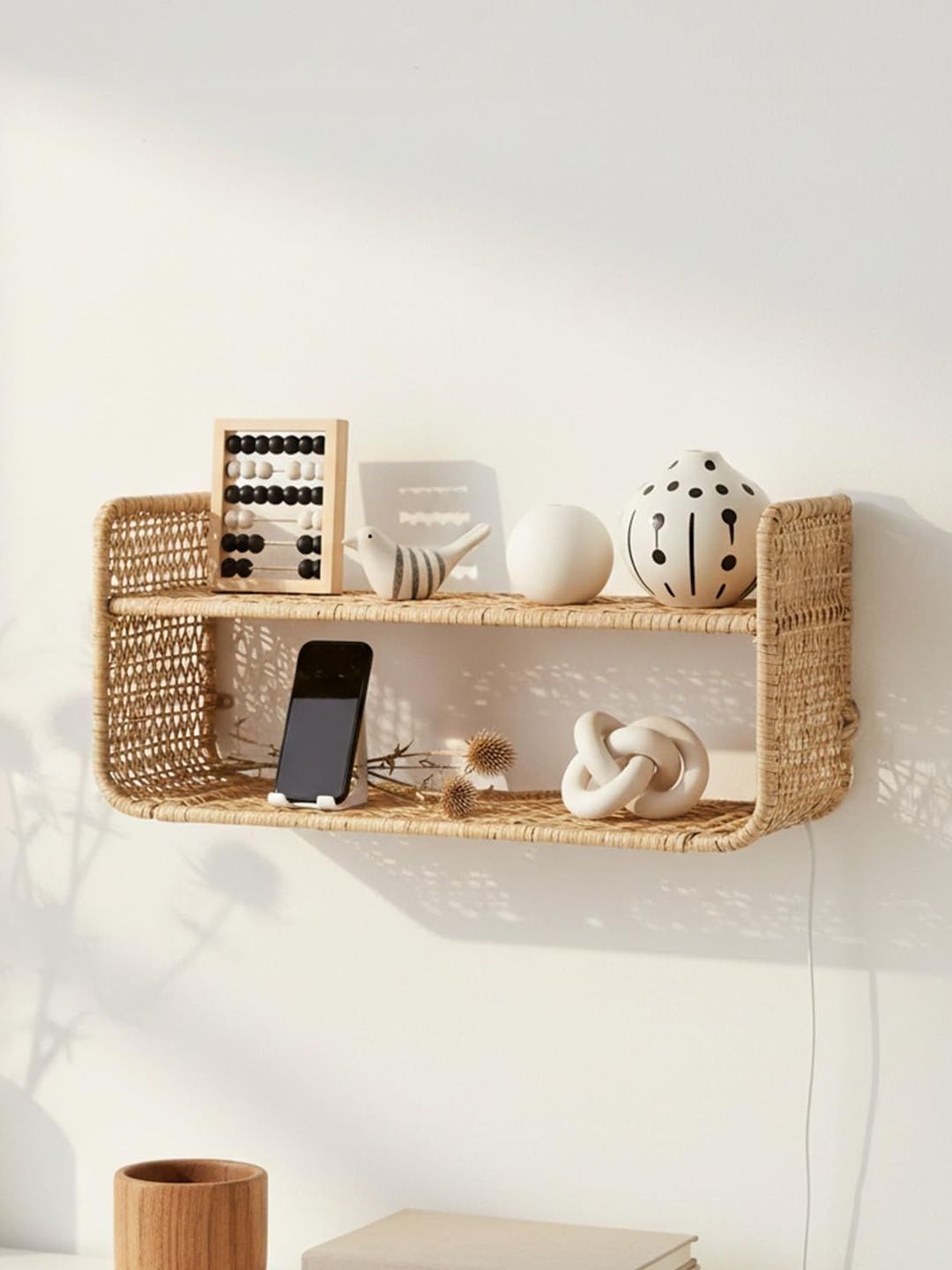 prettykrafts Beige Two Tier Rafia Wall Shelves