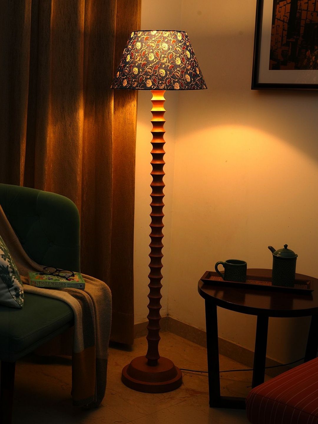 green girgit Blue & Brown Printed Wooden Frustum Floor Lamps-image-39