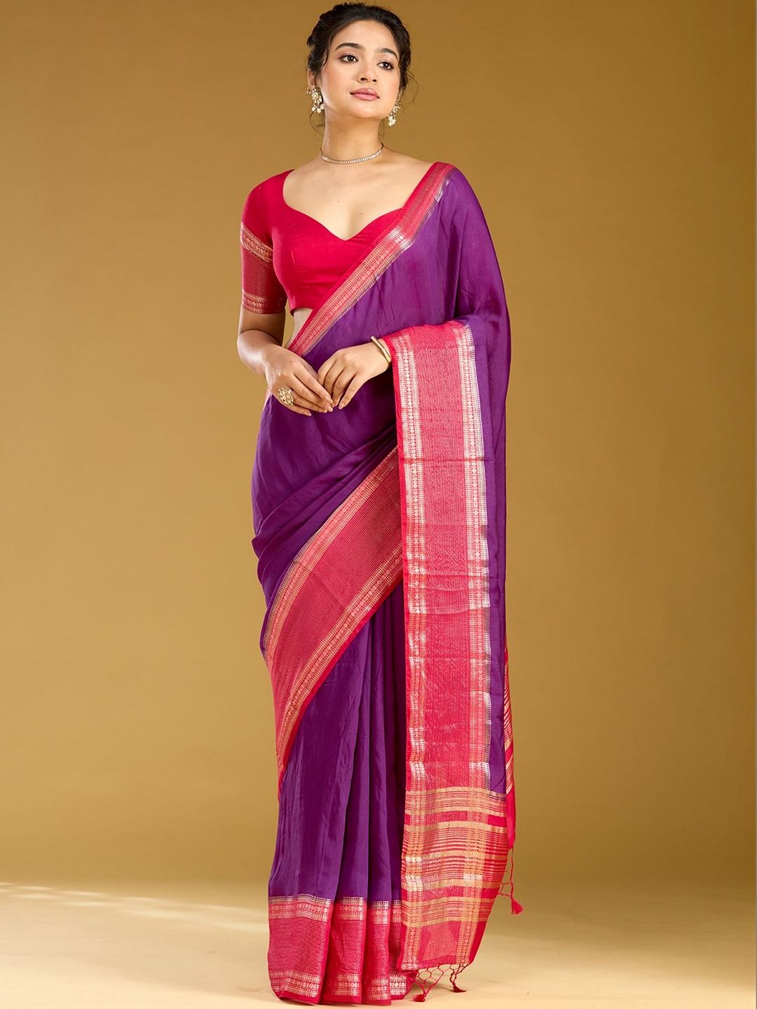 Koskii Women Zariwork Purple Cotton Saree With Unstitched Blouse-picture-18
