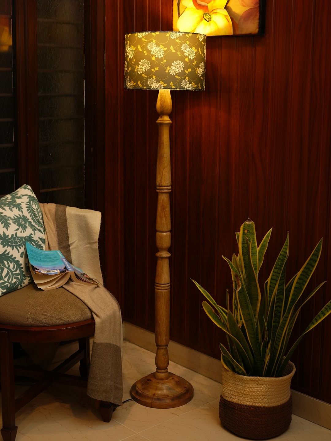 green girgit Grey & Brown Printed Wooden Cylinder Floor Lamps-picture-28