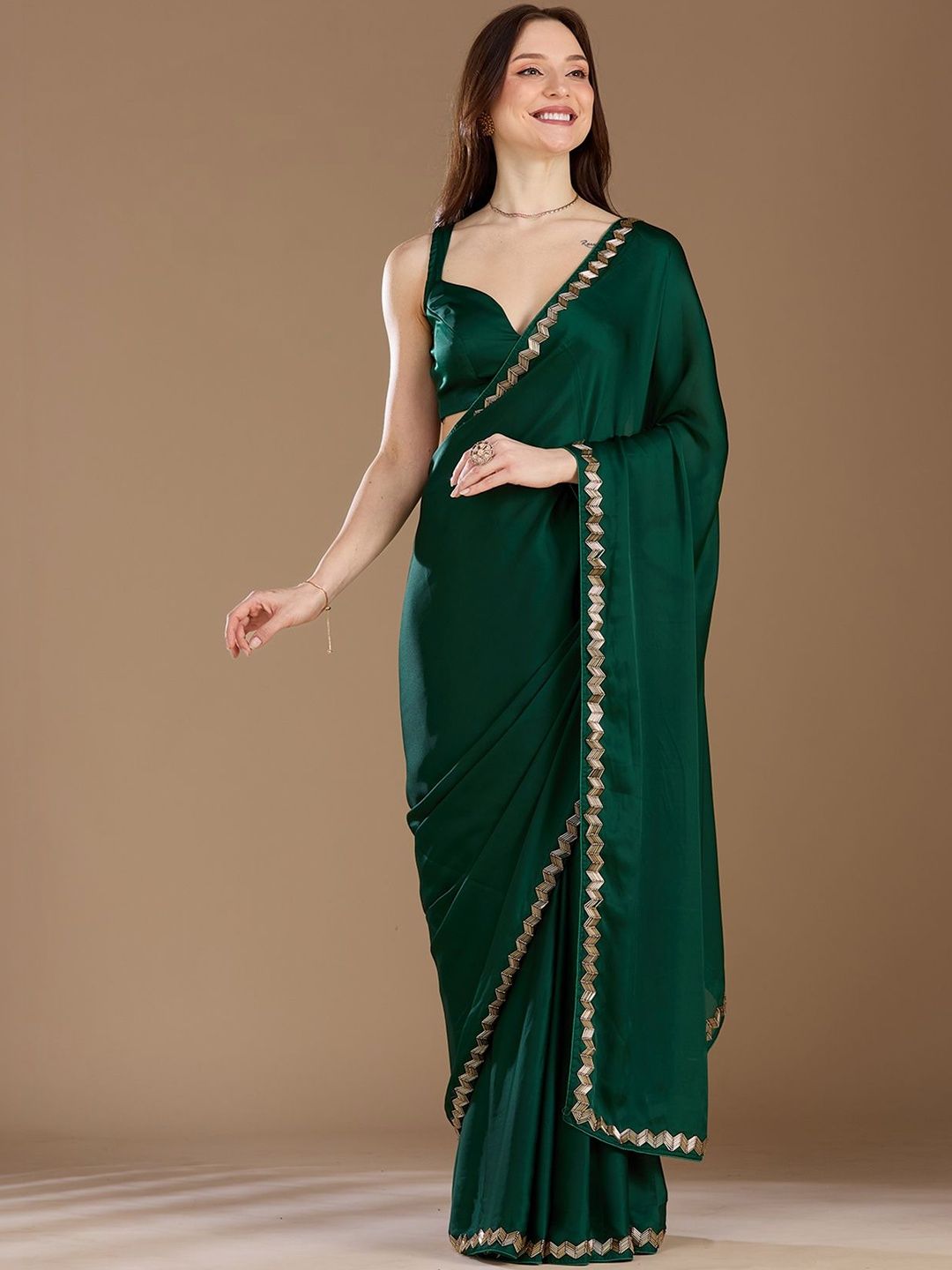 Koskii Women Cutdana Bottle Green Satin Saree With Unstitched Blouse-picture-23