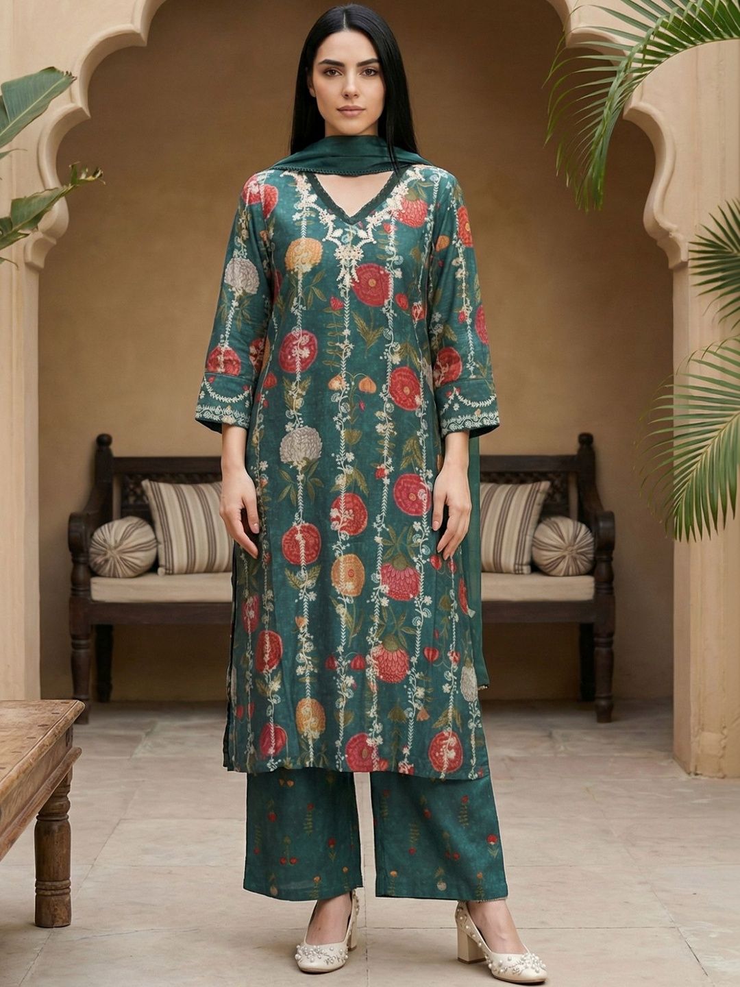 W for Woman Green Floral Printed Straight Kurta with Flared Pant and Dupatta Set-picture-11