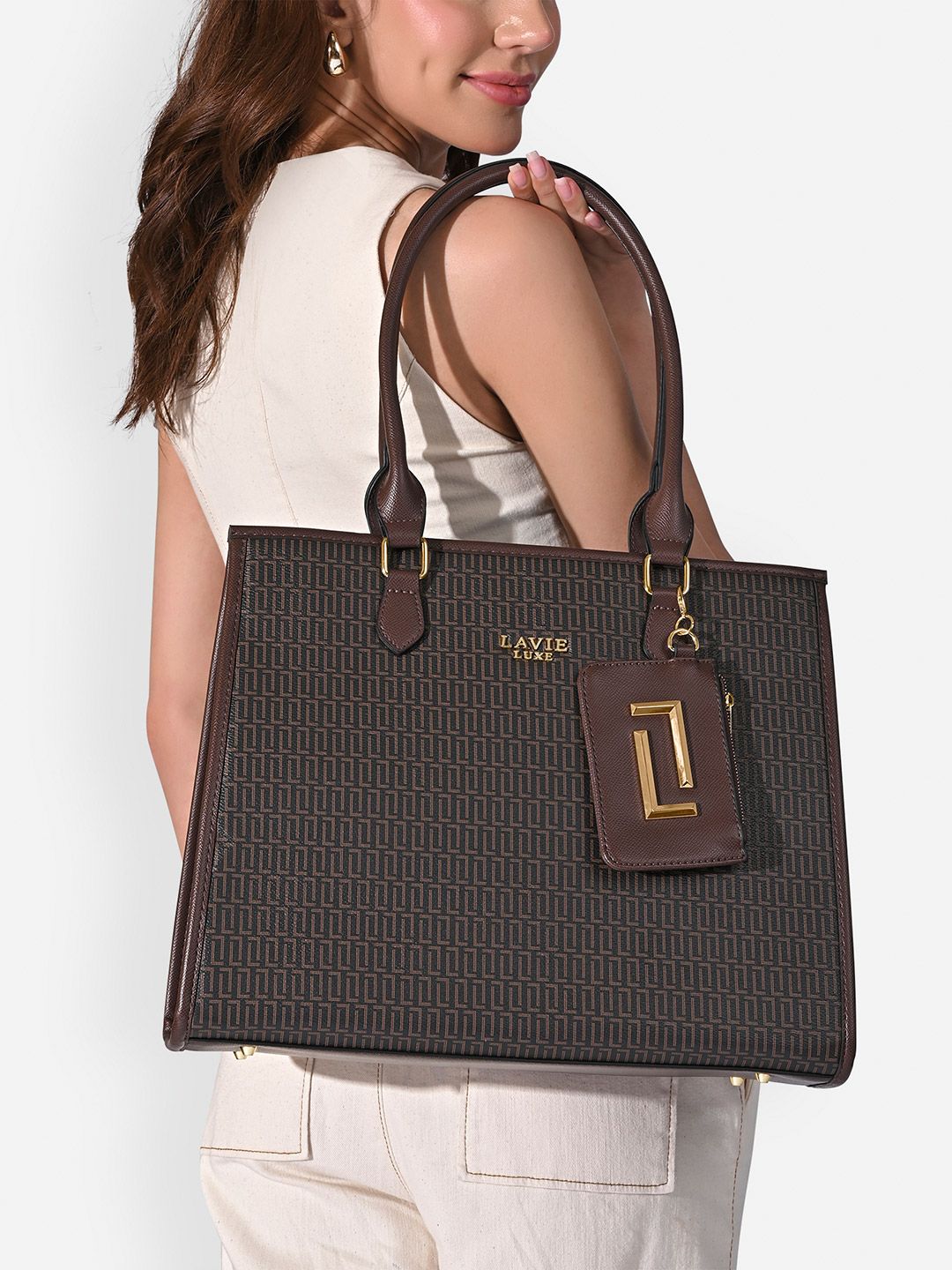Lavie Luxe Women's Monogram Quad X-pro 14 Inch Laptop Extra Large Tote Handbag With Pouch-picture-56