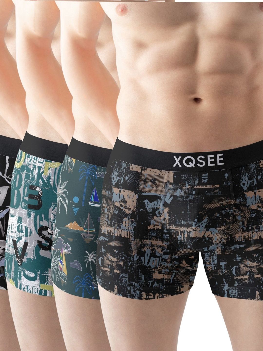 XQSEE Men Pack Of 4 Printed Mid -Rise Short Trunk