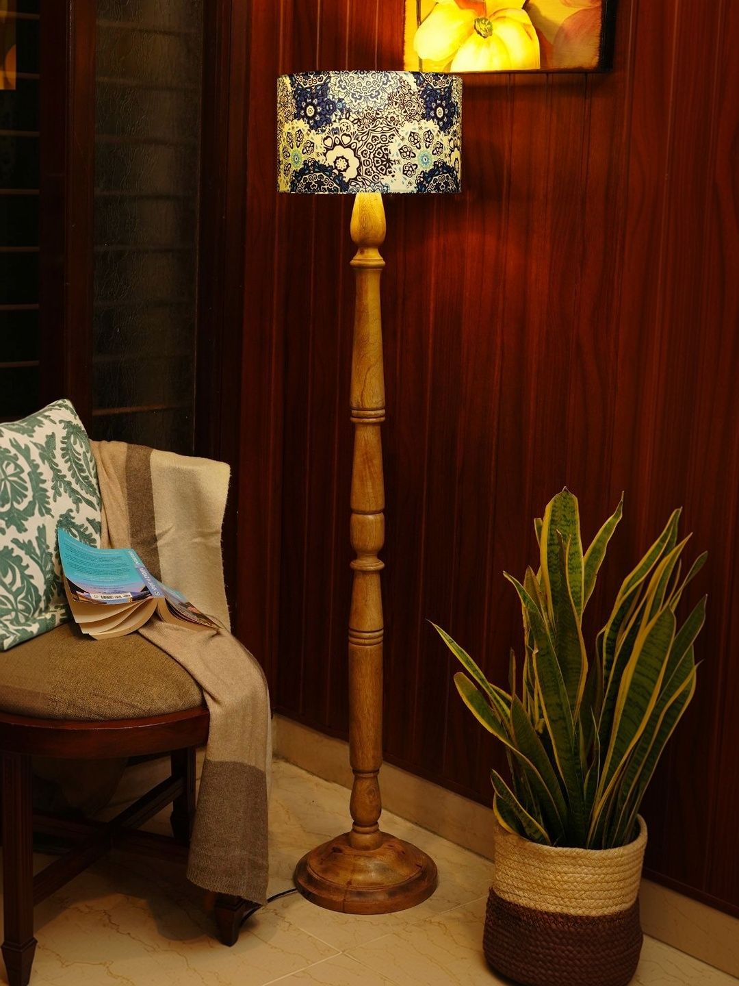 green girgit Blue & Brown Printed Wooden Cylinder Floor Lamps-image-40