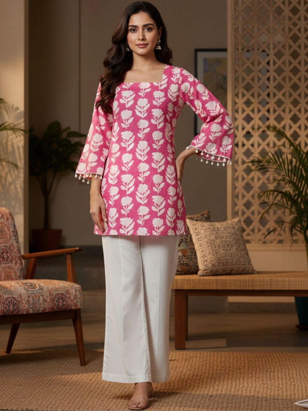 OZIA Botanical Printed Square Neck Pure Cotton Kurti-picture-12