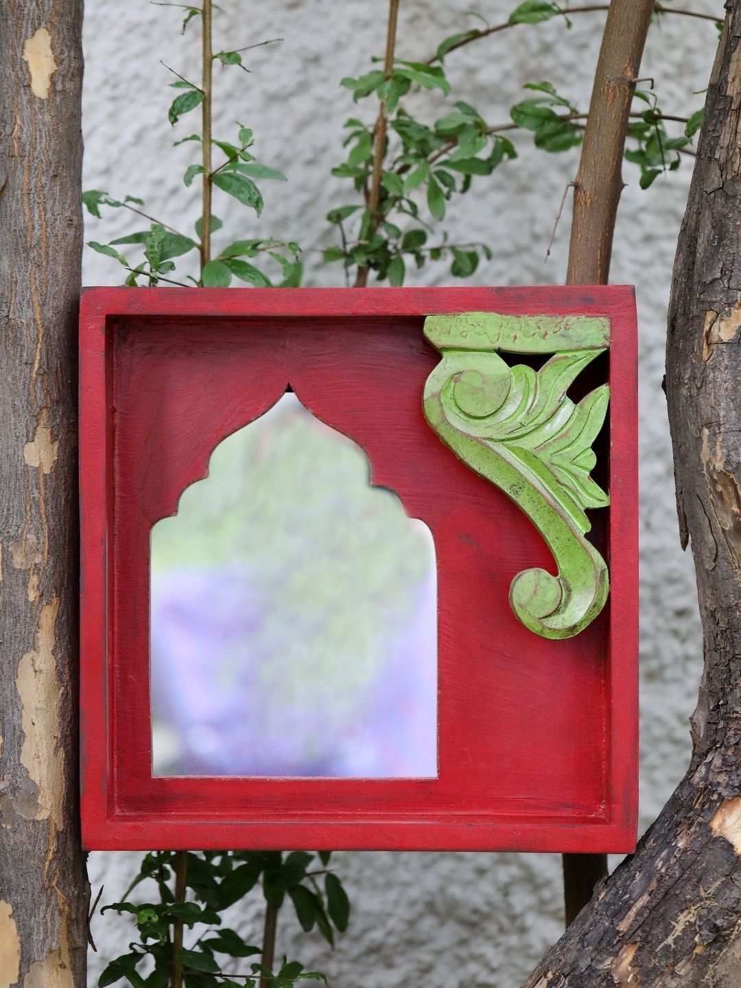 Revive Home Green & Red Textured Square Wooden Wall Mirror-image-13