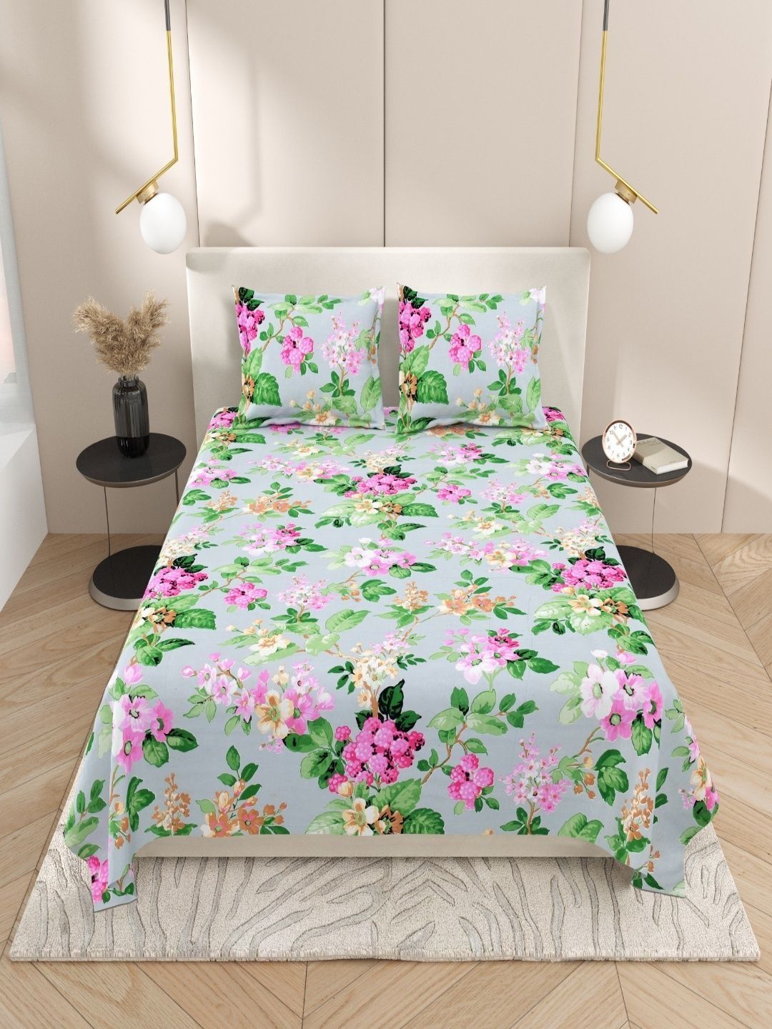Sangria Green Floral Printed Cotton Soft Feel 144 TC Double Fine Bedsheets 18In x 27In-image-31