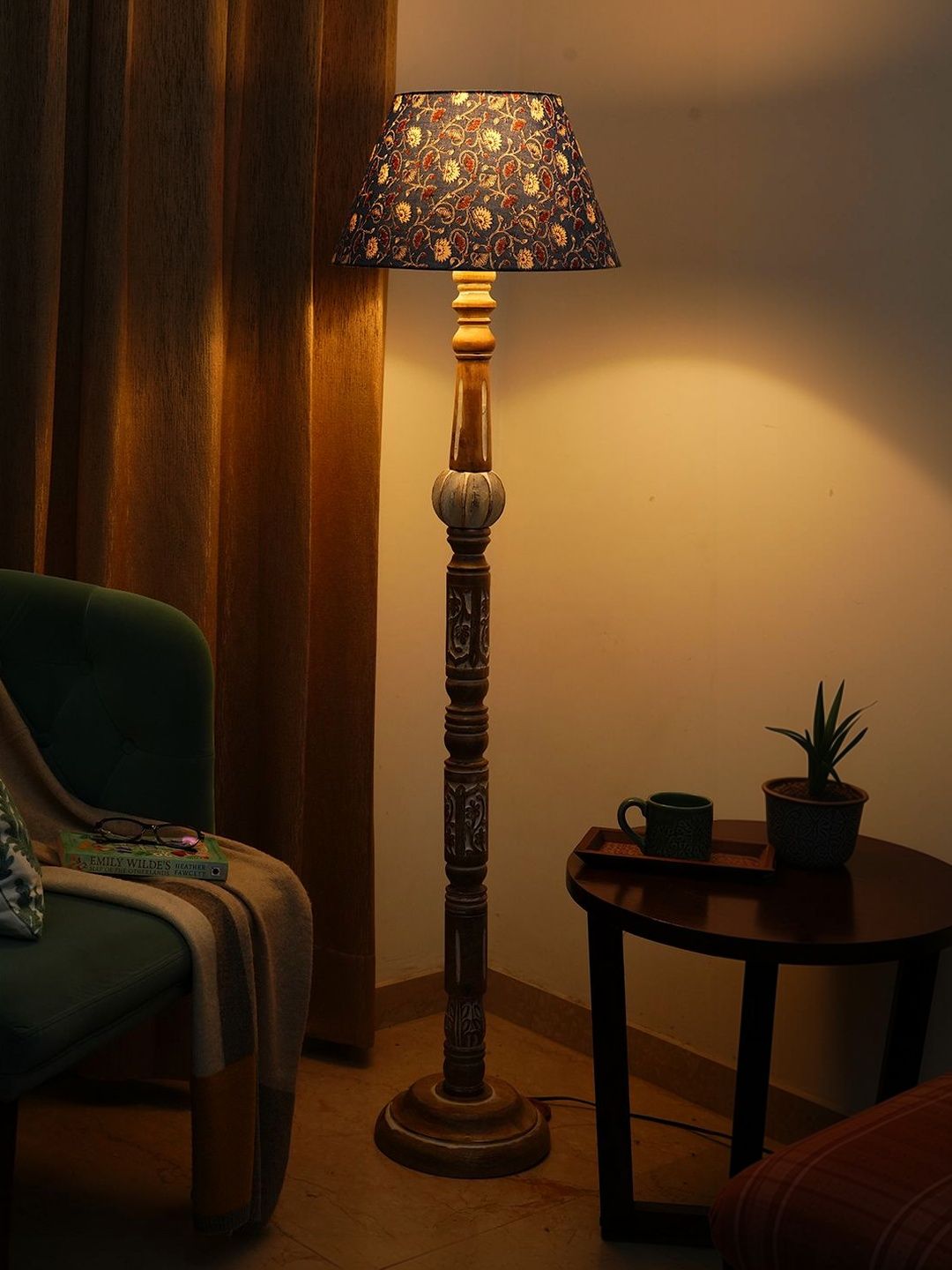 green girgit Blue & Brown Printed Wooden Frustum Floor Lamps-image-33