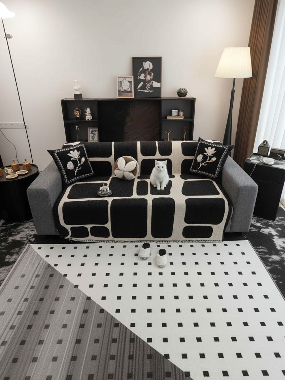 HOMETHREADS Black & Black Printed Sofa Cover-image-41