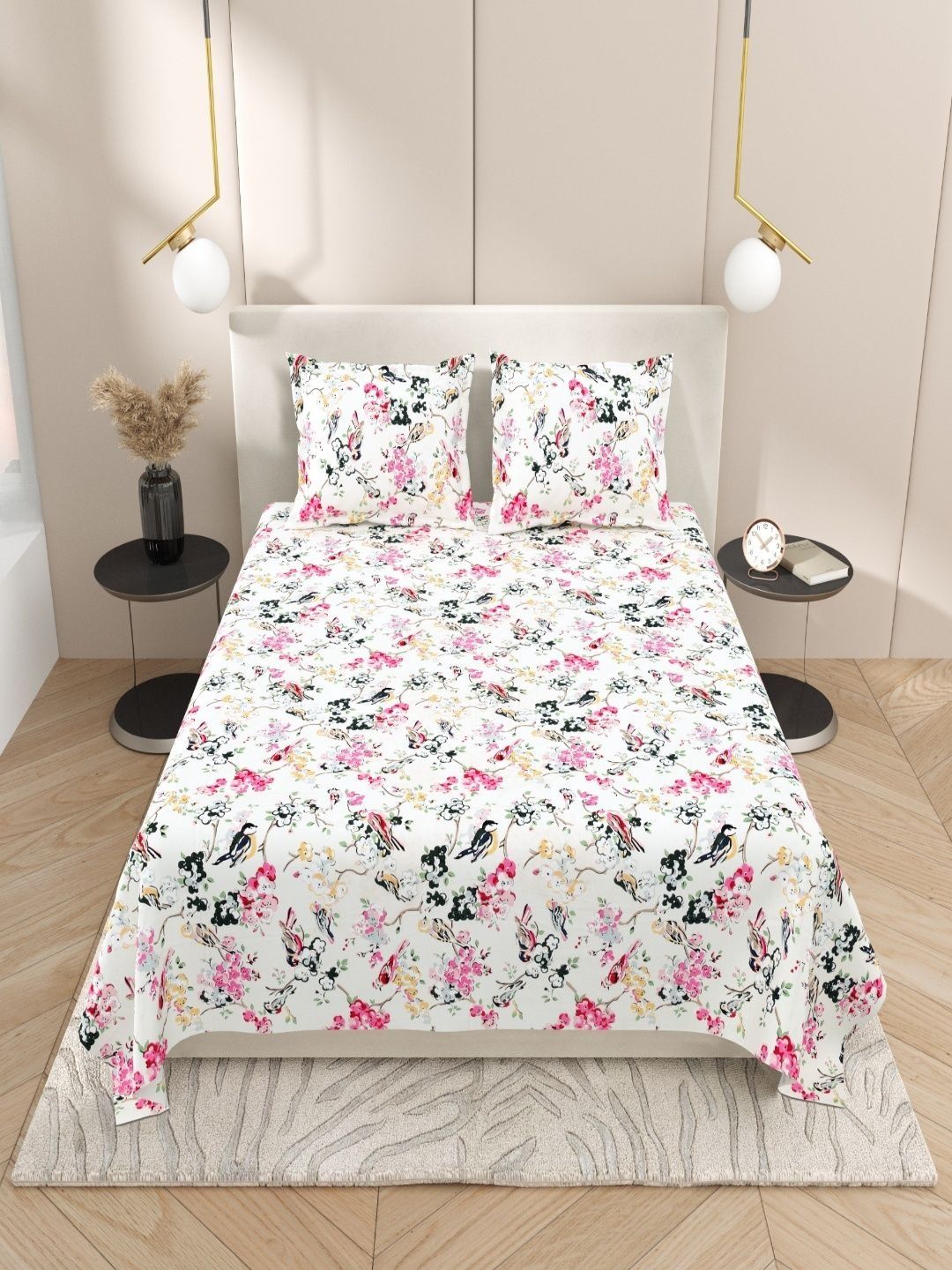 Sangria Pink Floral Printed Cotton Soft Feel 144 TC Double Fine Bedsheets 18In x 27In-image-8