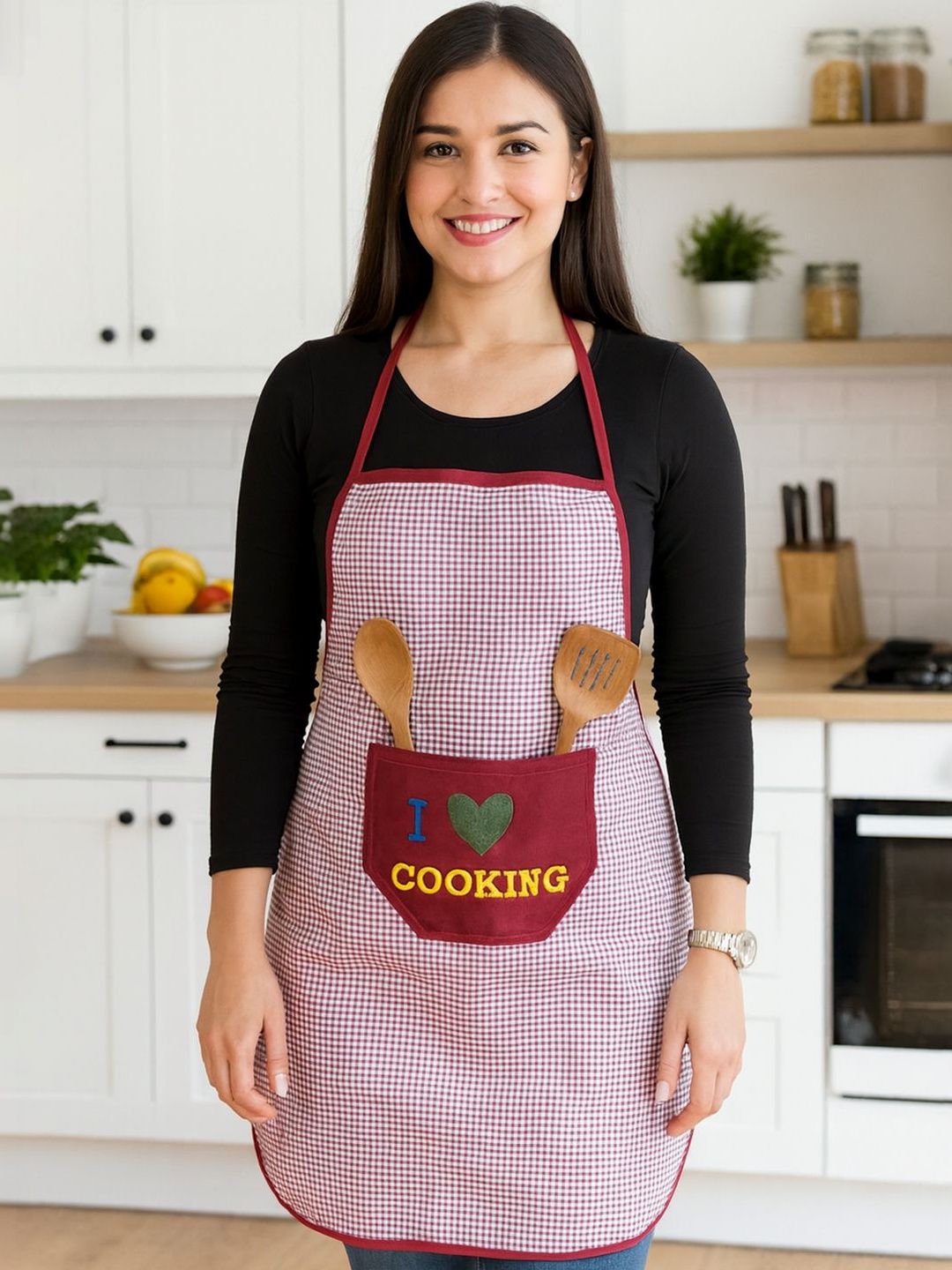Kuber Industries Maroon Checked Waterproof Apron-image-8