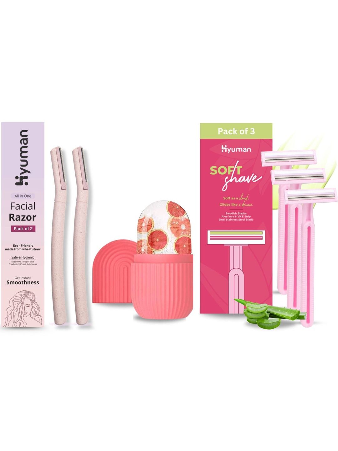 HYUMAN Set Of 3 Face Razor - 2Pcs, Ice Roller & Softshave Razor - 3Pcs