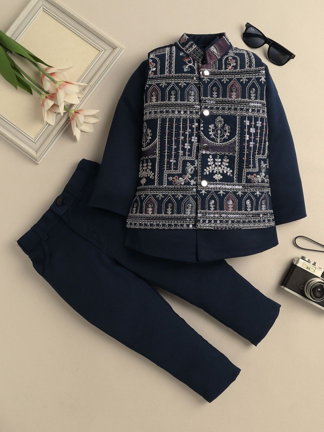 Sangria Boys Floral Embroidered Mandarin Collar Sherwani Set-picture-12