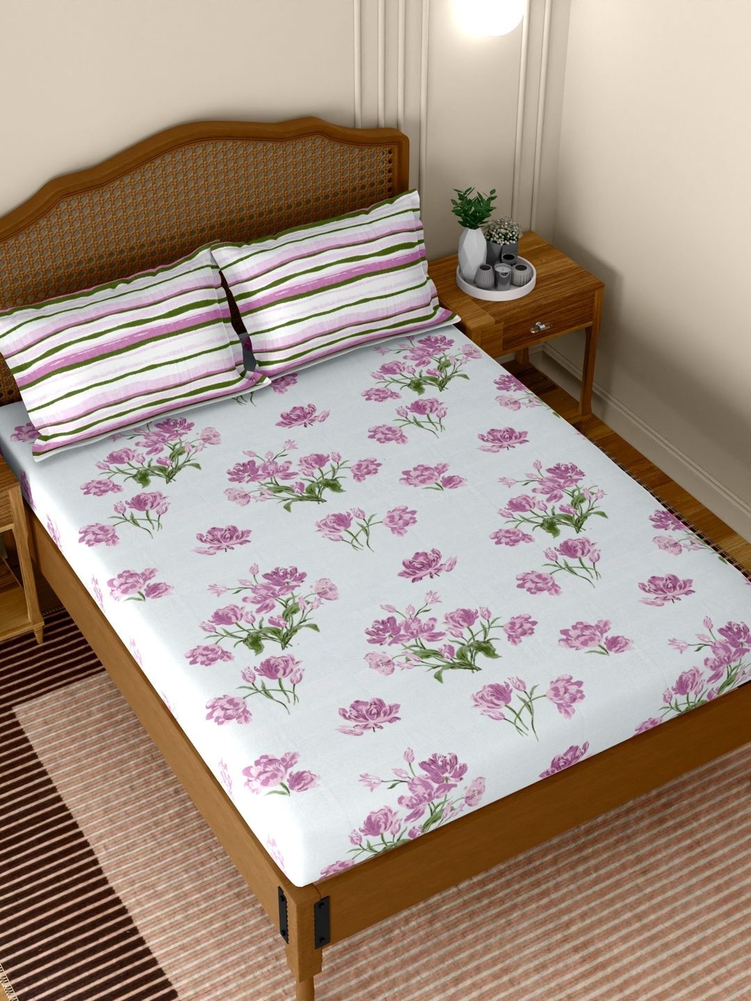 Pure Decor White & Purple Floral 180 TC King Bedsheet with 2 Pillow Covers-picture-16