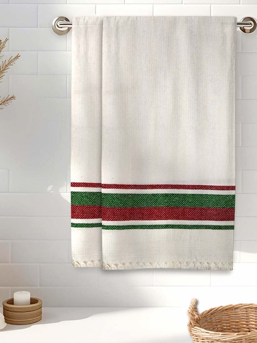 Myntra Elegant Homes White & Maroon 2 Piece Striped Cotton 110 GSM Towel Set-picture-15