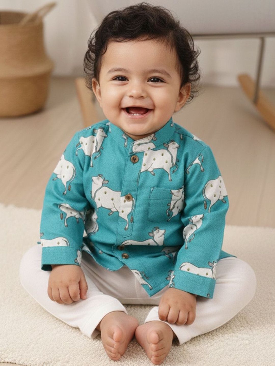 Sangria Boys Cow Printed Pure Cotton Mandarin Collar Straight Kurta & Pyjamas-picture-54