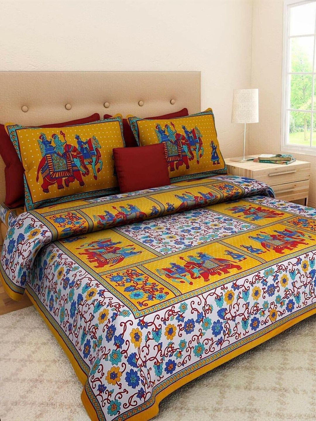 DGSM CRAFT Yellow Ethnic Motifs 144 TC King Bedsheet with 2 Pillow Covers-picture-15