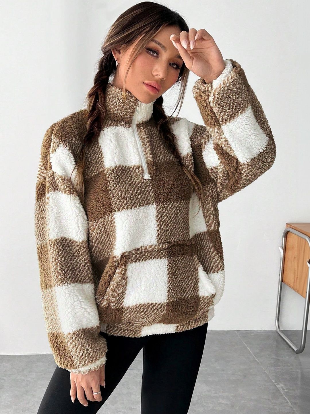 Stylecast X Slyck Women Checked High-Neck Sherpa Sweatshirt-picture-25