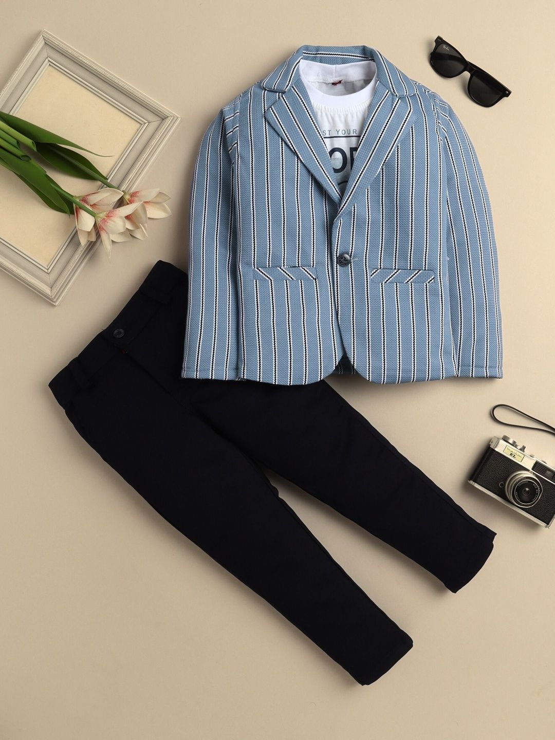 Sangria Boys Striped Blazer & Trousers With Printed T-Shirt Clothing Set