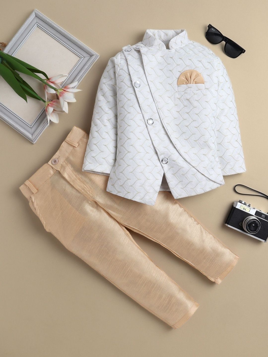 Sangria Boys Jacquard Weave Motifs Mandarin Collar Sherwani Set-picture-50