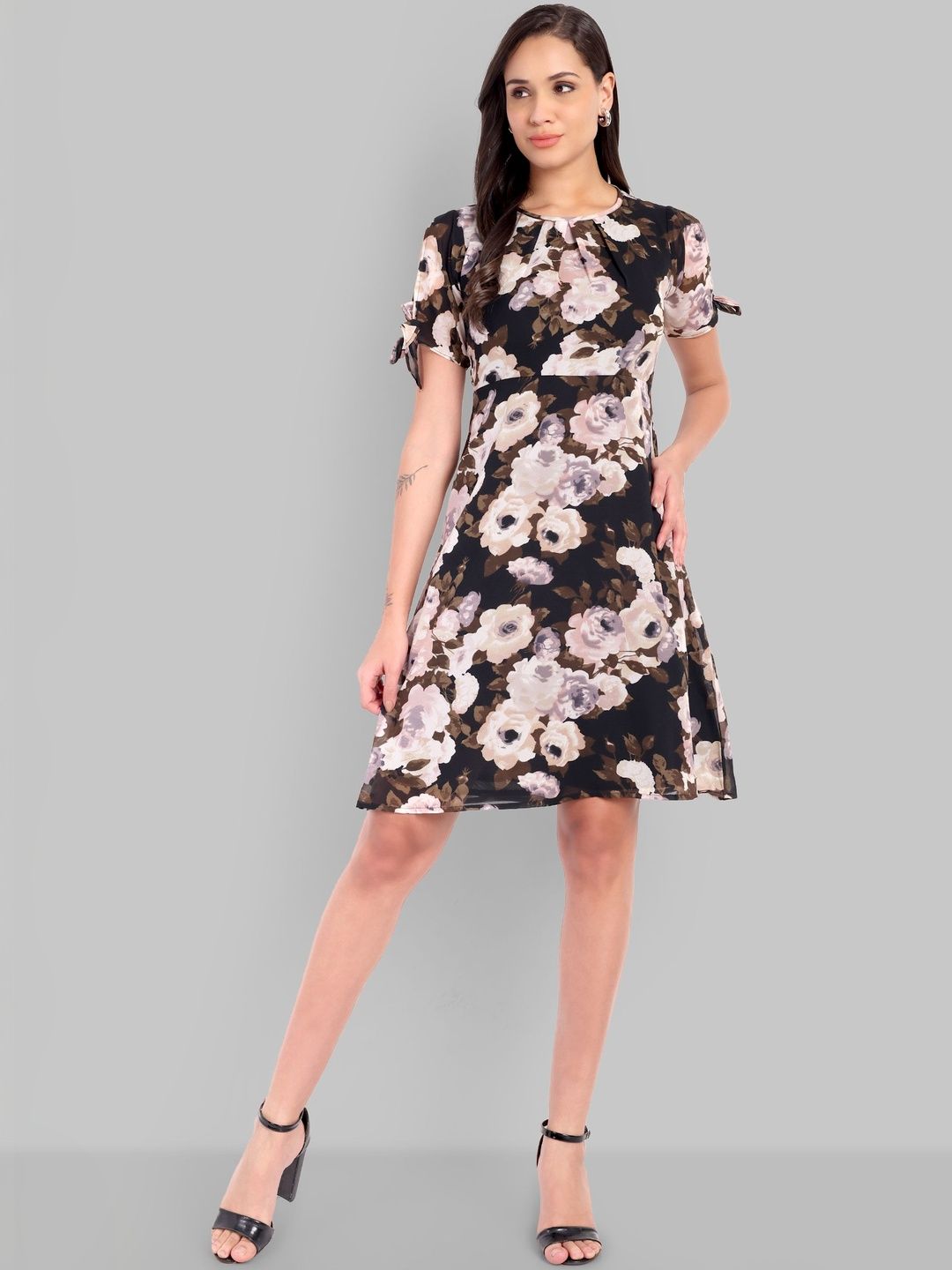 SZN Floral Print Cold-Shoulder Georgette Fit & Flare Dress-picture-31