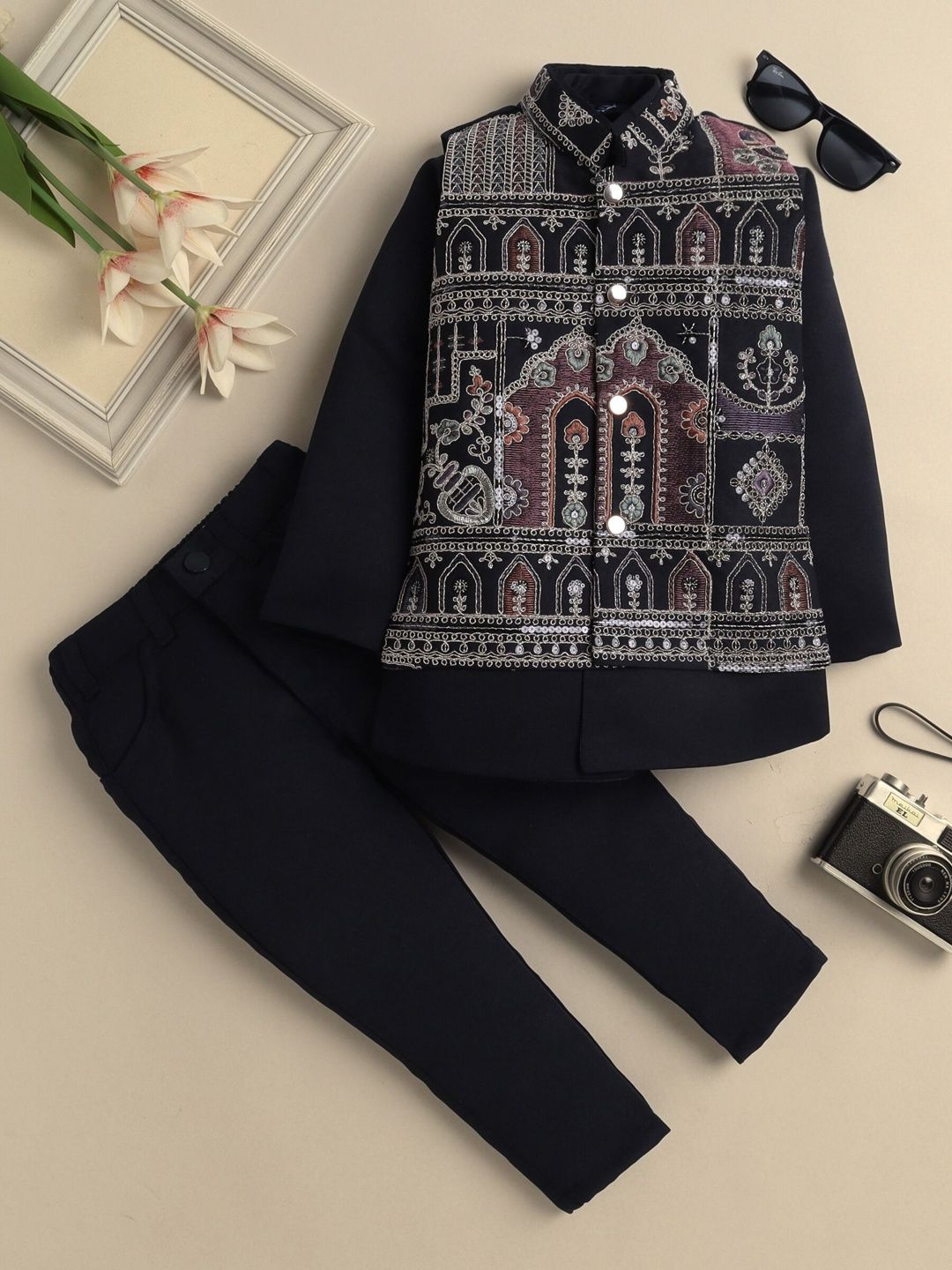 Sangria Boys Floral Embroidered Mandarin Collar Sherwani Set-picture-23