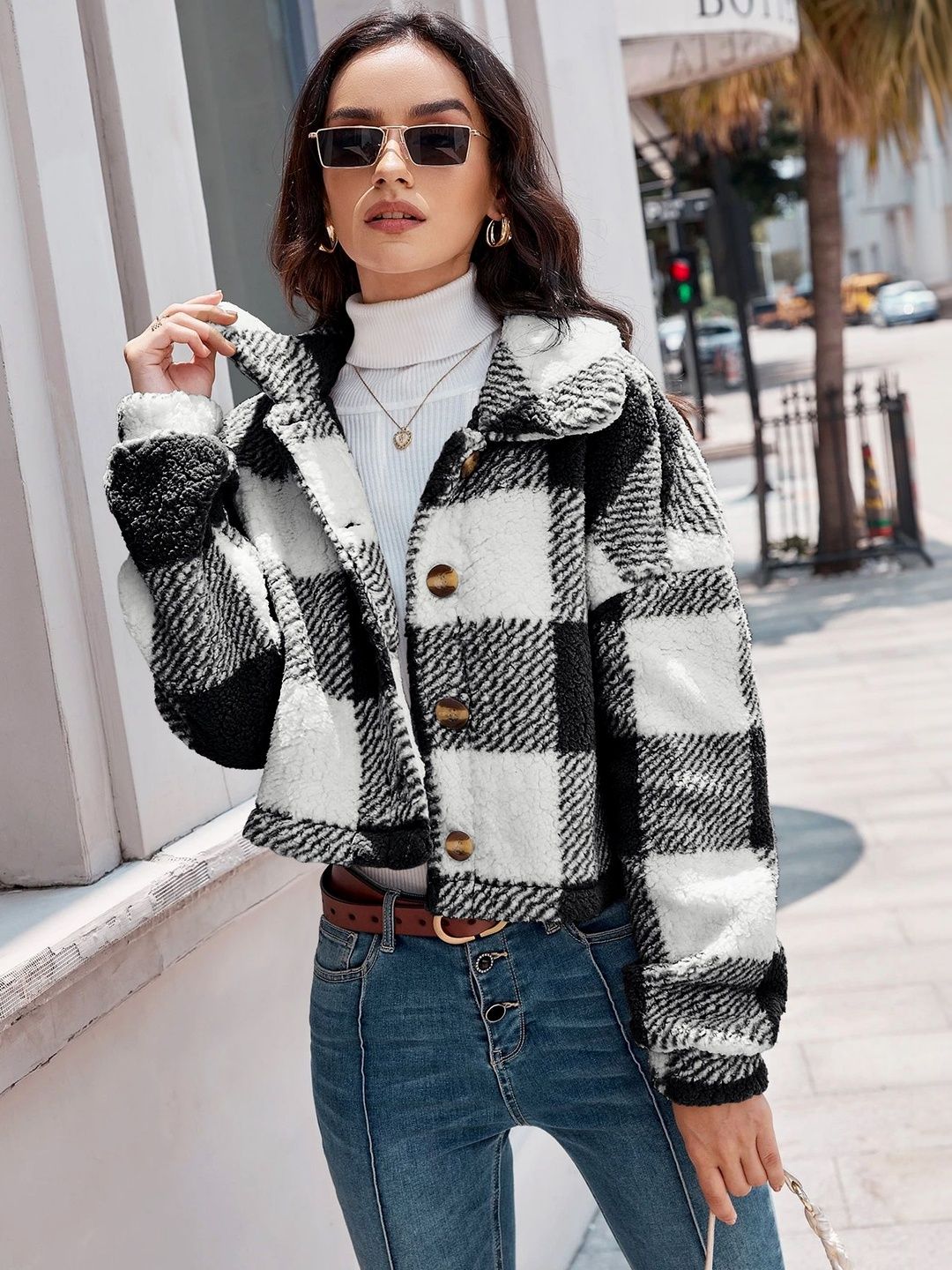 Stylecast X Slyck Women Checked Button-Front Sherpa Jacket